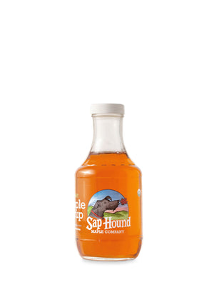 Sap Hound Maple Company Organic Maple Syrup in a glass Pint