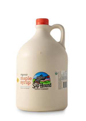 Sap Hound Maple Company Organic Maple Syrup in a plastic gallon