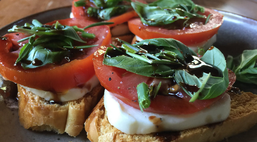 Maple Balsamic Reduction over Basil Mozzarella Crostini ~ Recipe!