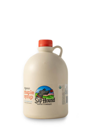 Sap Hound Maple Company Organic Maple Syrup in a plastic half-gallon jug